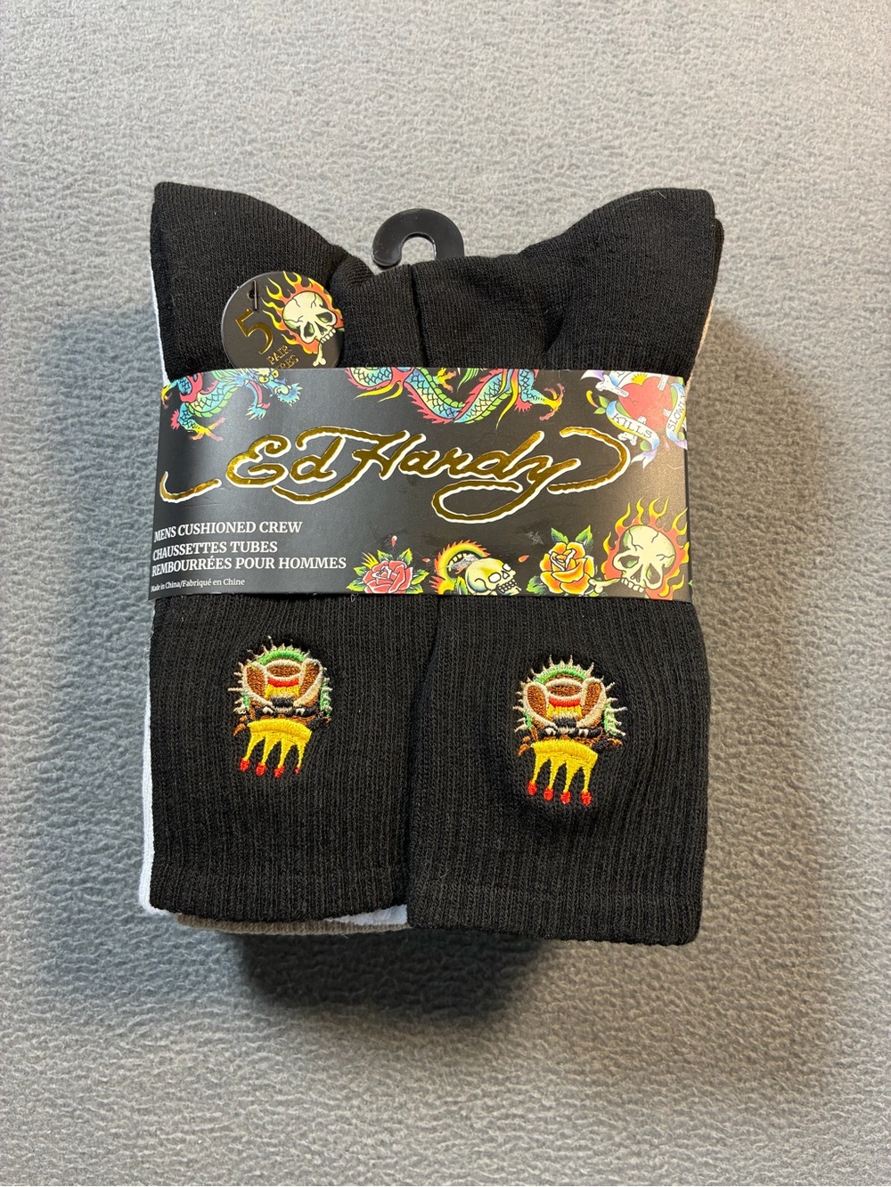 Ed Hardy Men's Black Cushioned Crew Socks - Skull Tattoo Embroidery